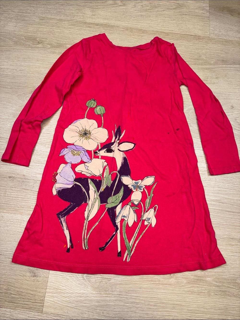 Tea Collection Girls' Bright Red Long-Sleeve Dress with Floral & Deer Print